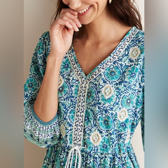 Soft Surroundings Nerisa Embroidered Printed Dress | Blue Batik Style | Size M - Picture 3 of 16